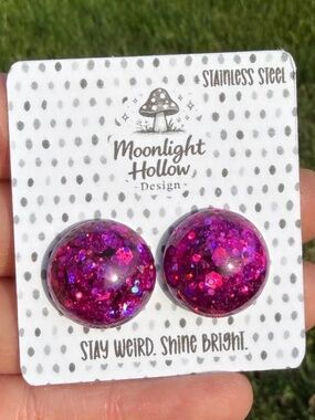Raspberry Neon Glitter Dome Earrings | Handmade Statement Studs